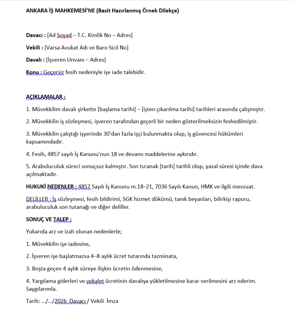 İşe İade Dava Dilekçesi Örneği 2026